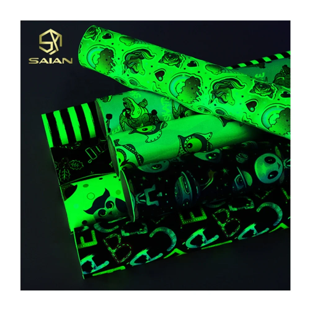 New Arrival Custom Character Cartoon Design Luminous Fluorescent PU Leather Glow In The Dark Faux Leather Vinyl For Hairbows Bag
