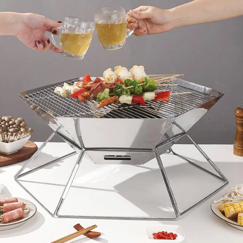 Foldable Thickened Stainless steel Barbecue Pit Wood Burning Charcoal Grill for Backpacking Outdoor Hiking Camping Customized