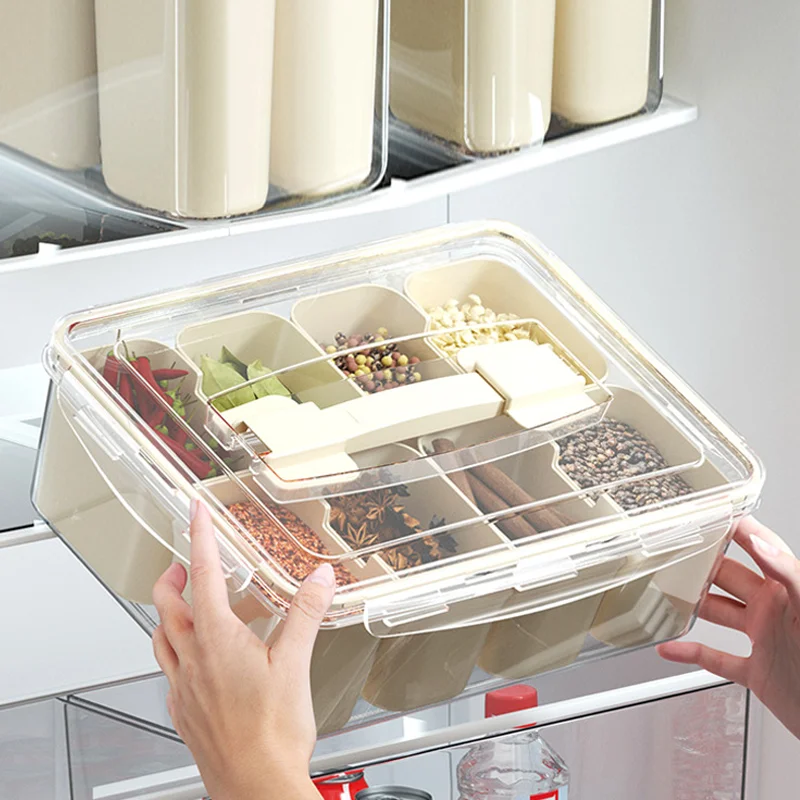 PP Plastic Dishwasher Safe 8 Dividers Serving Tray with Lid and Handle Portable Food Storage Organizer for Spices Fruit