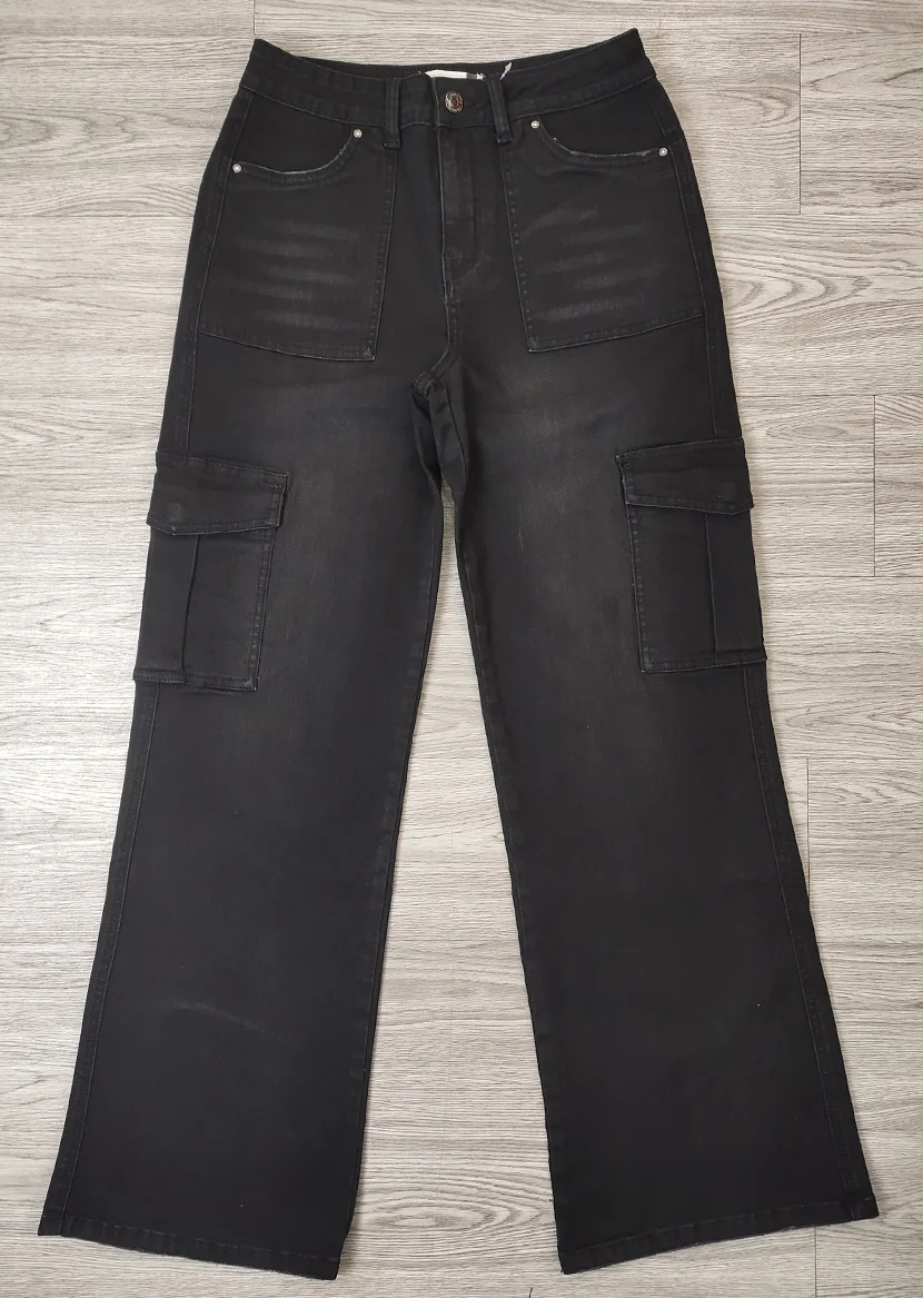 Custom OEM Manufacturer Deep Pocket High Waist Black Baggy Denim Ladies Long Parachute Cargo Pant For Women Jeans Trousers