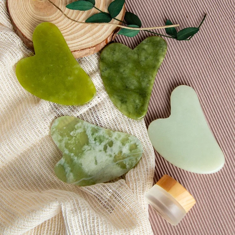 Gloway Hot Selling 8 Types Heart Shape Spa Face Massage Tool Natural Stone Guasha Pad Scraper Green Jade Gua Sha Board Guasha