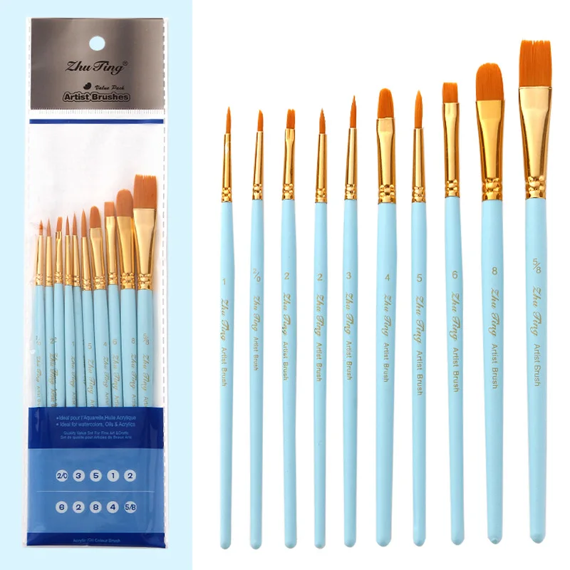 Hot Sale Mixed Shape Nylon Art Paint Brush Set,10pcs Colorful Wooden Handle Brushes