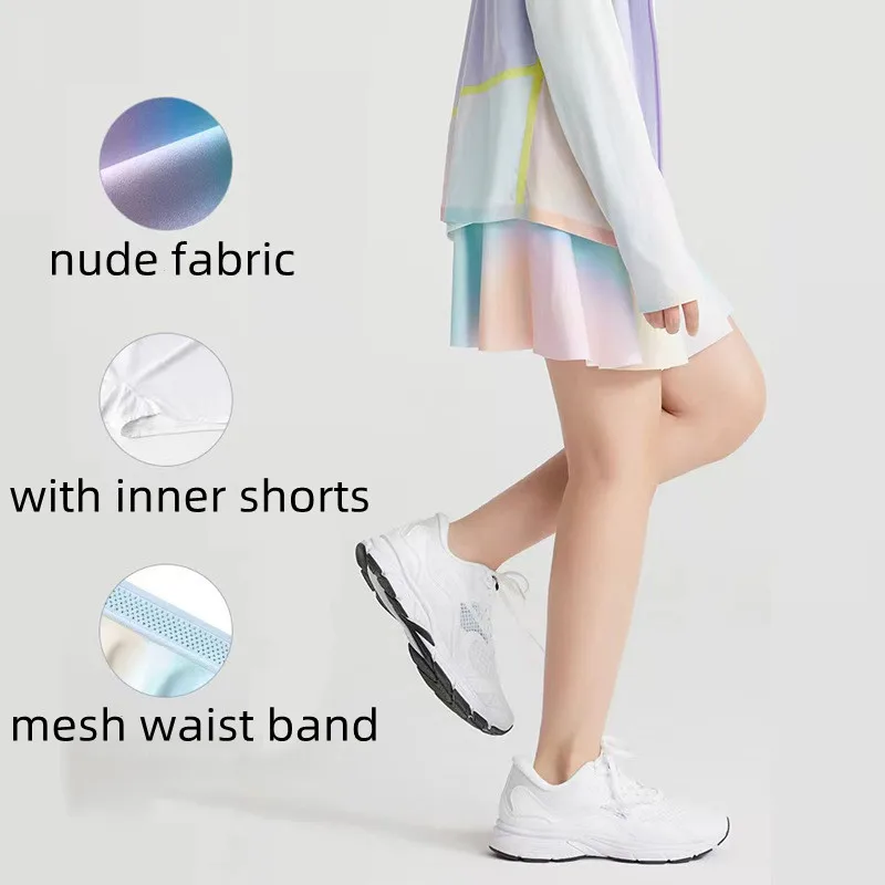 New girls pleated printed skirt children sport mini nude breathable mesh waist skirts with shorts tight badminton tennis set