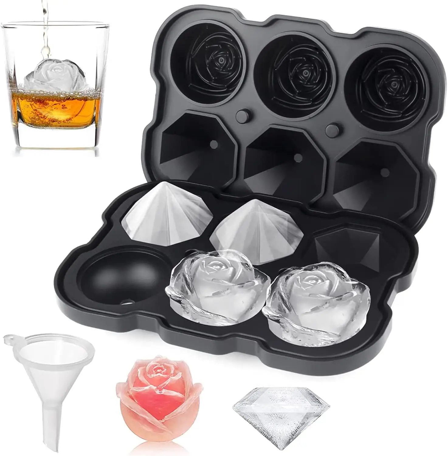 Ice Cube Tray 2 inch Rose Ice Cube Trays With Covers 3 Cavity Silicone Rose  & 3 Diamond Ice Ball Maker