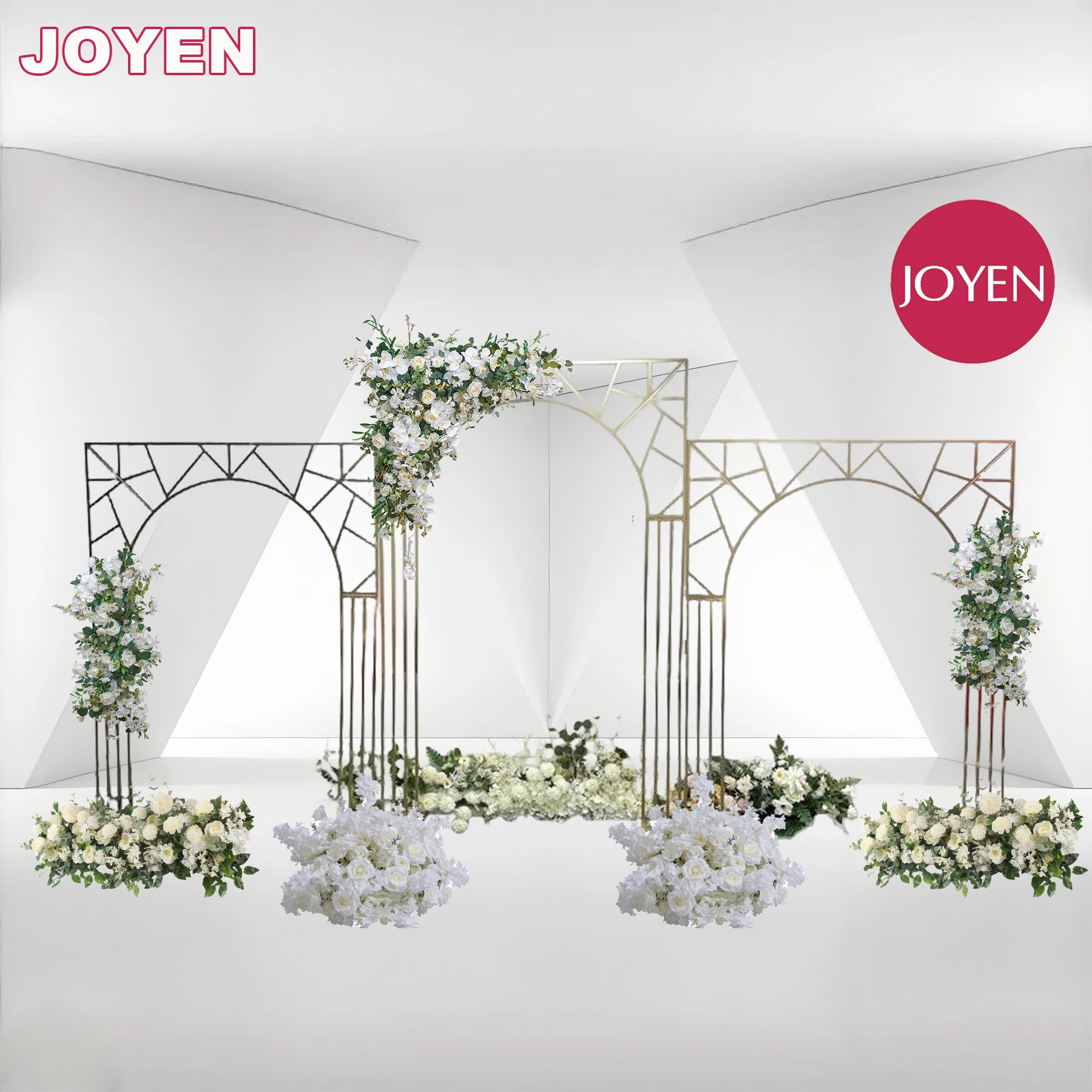 JOYEN Customized Shiny Artificial Flower Arch Outdoor Electroplating Flower Arch Stand Wedding Decoration