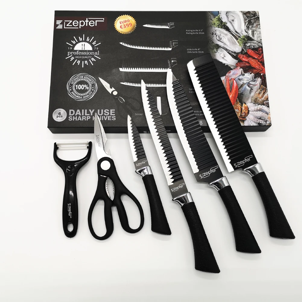 Amazon Hot sale Professional 6pcs kitchen knife set stainless steel black coating blade with non-stick and PP