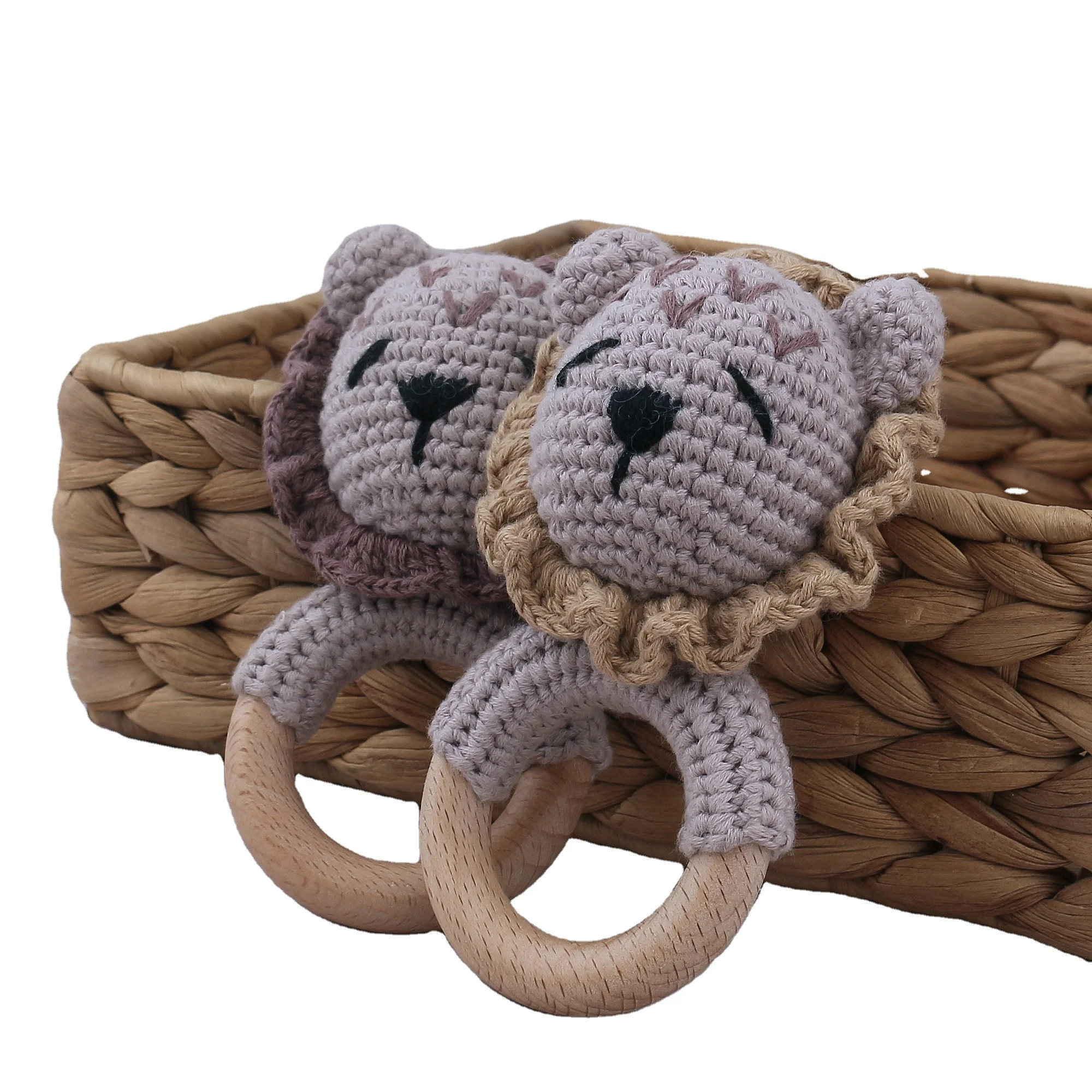 Newborn Gift Bear Shape Baby Teethers Cotton Crochet Rattle Baby Wooden Teethers