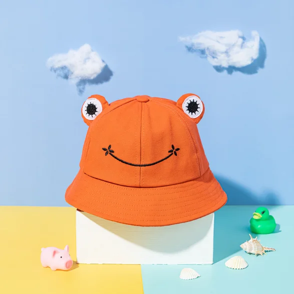 Spring summer cute frog embroidery foldable  cotton woman man bucket hat for outdoor sun  fishing  hiking