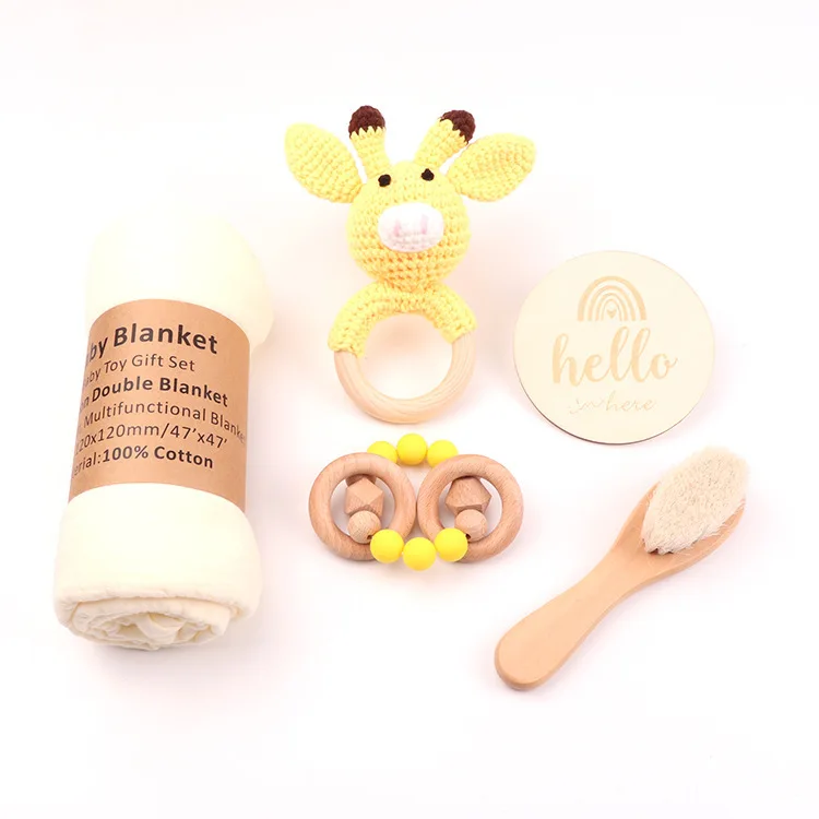 Newborn Toddler Shower Gift Set for Baby Boys and Girls Wooden Keepsake Muslin Bibs and Rattle in Elegant Gift Box