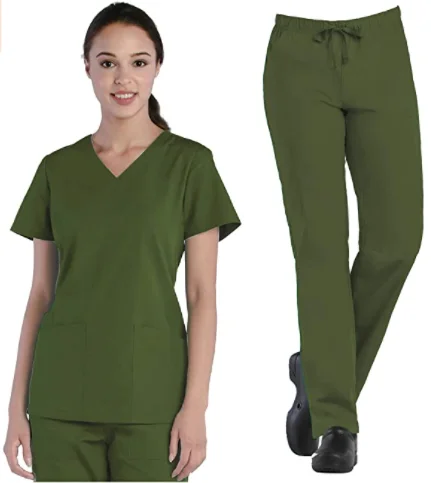 Green Women Scrub Uniforms Set V-Neck Shirt And Full Elastic Multi Pocket Cargo Pants
