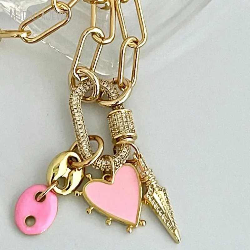 NM42693 Coffee Bean Arrowhead Heart Charm CZ Pendant Paperclip Chain Carabiner Screw Clasp Stainless Steel Necklace