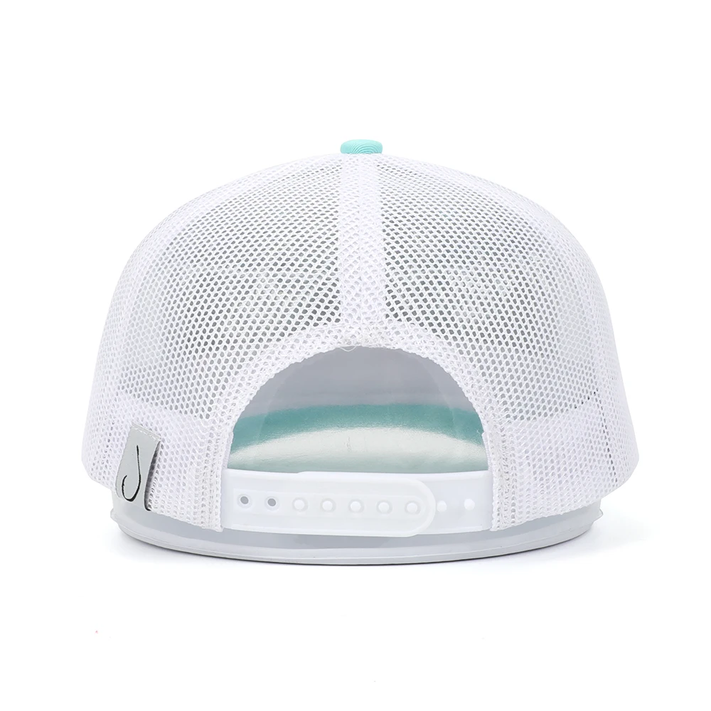 Customize Top Quality Sky Blue Back Polyester Inside Tag Trucker Hat Genuine Leather Brand Trucker Cap