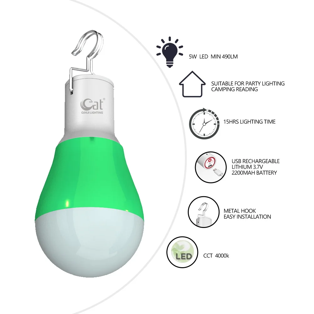 Portable Colorful LED Bulb Lamp with Hook ABS Material Rechargeable for Outdoor Home Emergency Camping Lighting