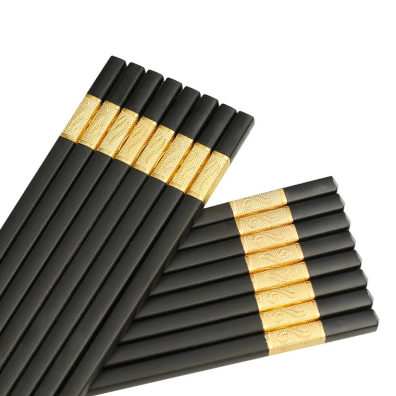 Modern Design Black PET Fiberglass Chopsticks With 2cm Metal Tube Golden Silver Stamped Pattern Noodle Bowl Chopsticks