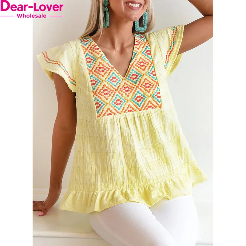 Dear-Lover Wholesale Fast Shipping Geometric Embroidery Textured Top Blouse Women With Ruffles
