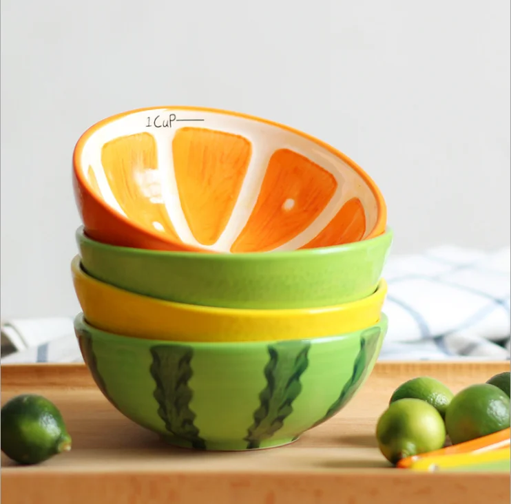 korean ceramic watermelon cereal rice bowl with spoon
