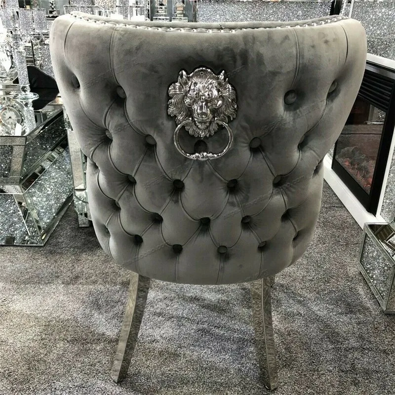 Unique Button Tufted Velvet Fabric Lion Knocker Modern Design Stainless Steel Legs Dining Room Sets of 6 Dining Chairs