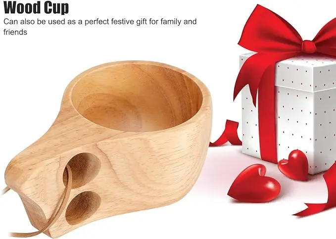 Wooden Camping Mug Wood Camp Mug with Leather Lanyard Nordic Style Wood Mug Drinking Cup Portable Hiking Tableware