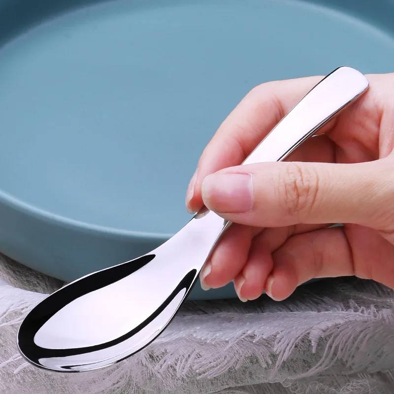 Wholesale Metal 304 Stainless Steel Curved Handle Round Bottom Ramen Soup Spoon Child Students Rice Spoon