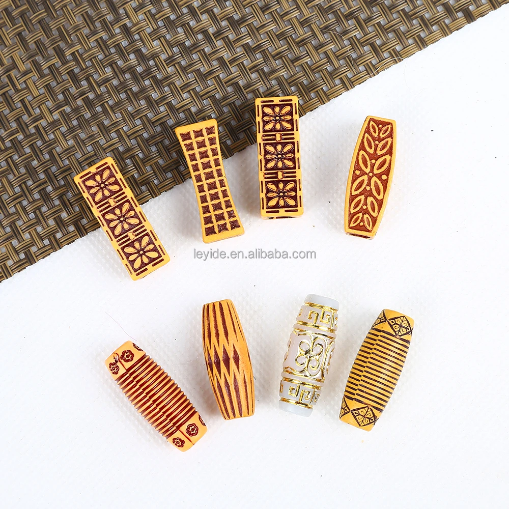 AliLeader Vintage Long Cylinder Retro Pattern Imitate Wooden Rings Dreadlocks Loc Jewelry Braid Beads for Women Men