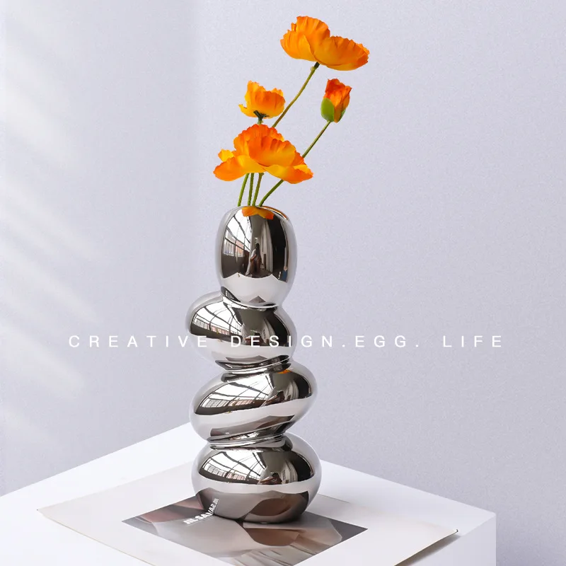 nordic abstract silver plating ceramic vase glazed dinosaur egg stacking dried flower arrangement for home table wedding decor