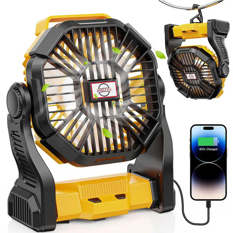 5200ma Rechargeable Battery Operated Tent Fan Portable Camping Fan with Light Hook
