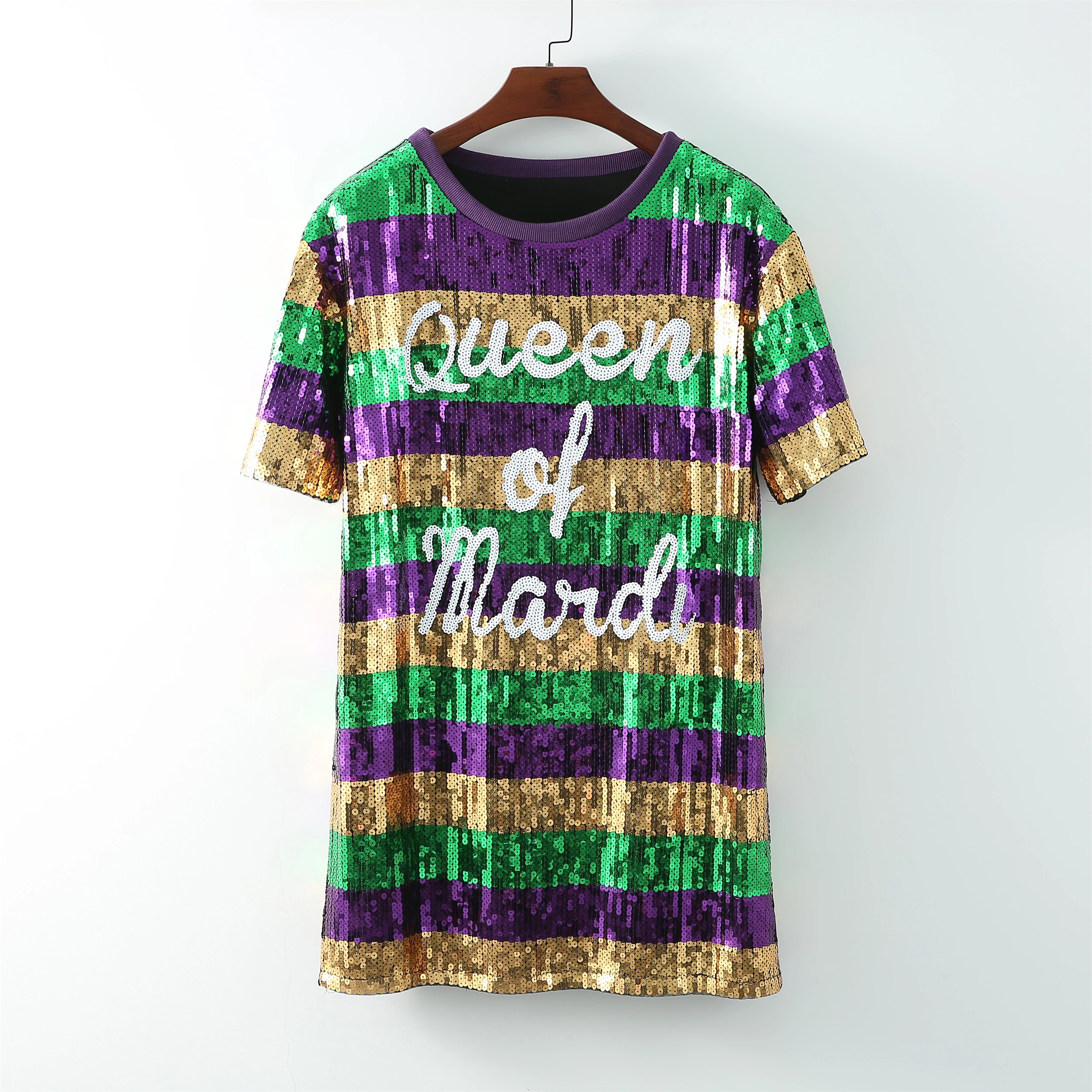 Apparel Mardi Gras Custom Clothing cowl neck sexy mini club Wholesale Mardi Gras Sequin Long Stripe Shirt Dress for women