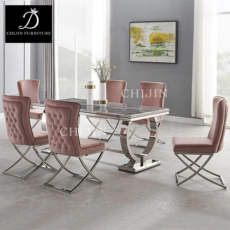 Modern Set 6 Seater Chairs and Table Luxury Restaurant Kitchen Stainless Steel Marble Dining Table Furniture