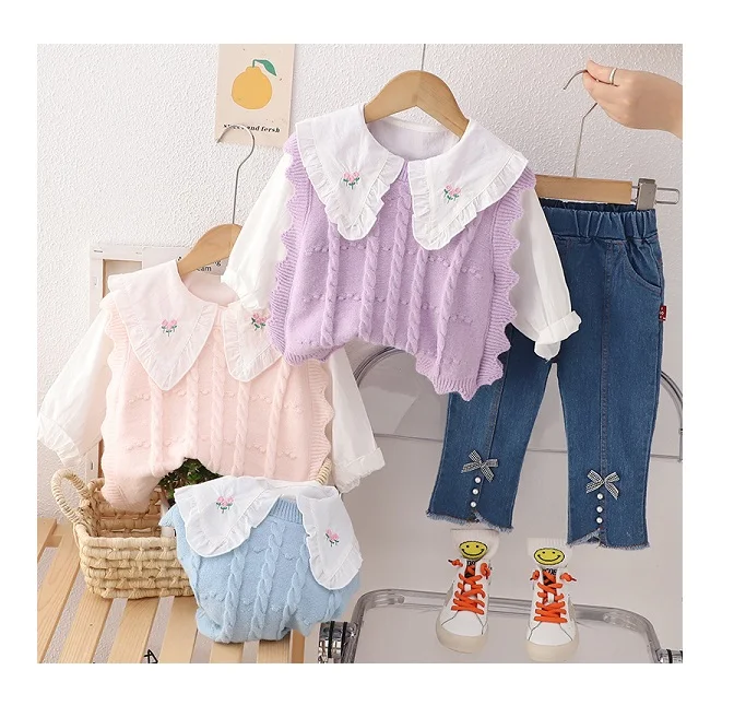 New arrival spring autumn toddler girls knitting sweater vest + floral collar shirt + jeans pants 3 pieces clothing set