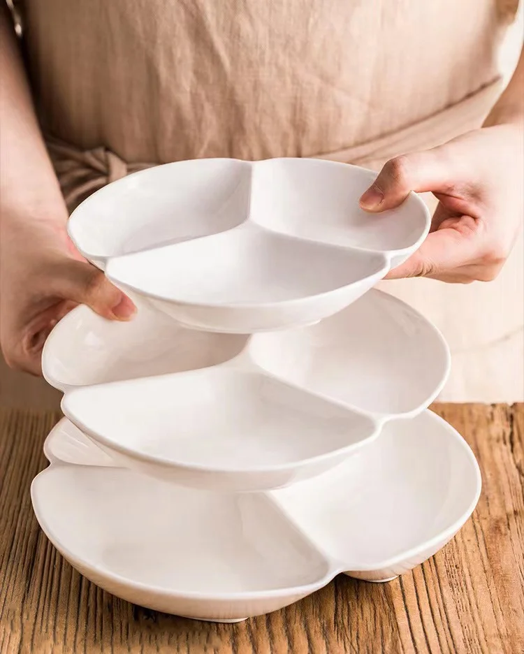 Round Shape Children Home Use Baking 3 Divided Porcelain Dish Dinnerware Plates Three Compartment Ceramic Divided Plate