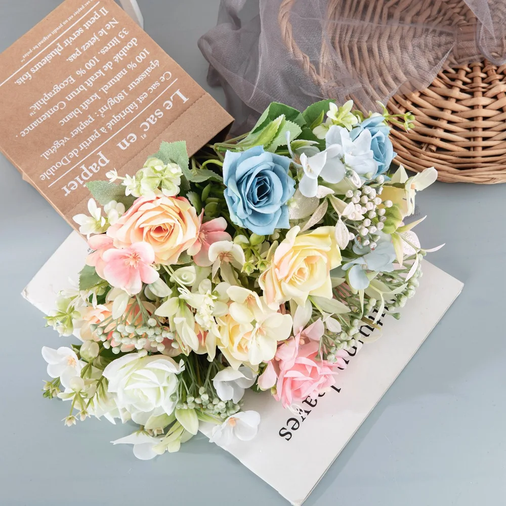 AD-001 New Arrival Wholesale Artificial Tea Rose Peony Bridal Bouquet Dandelion Flower Bundles Silk