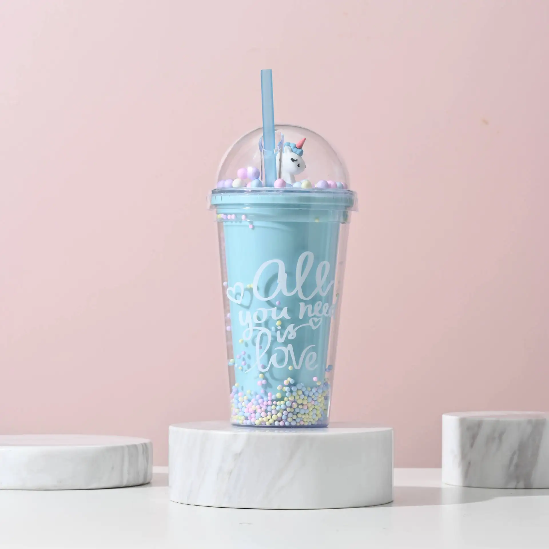 Kawaii Girls 550ml Unicorn Double Wall Juice Drinking Cup Leakproof Bpa Free Travel Reusable Plastic Tumbler Cup With Straw