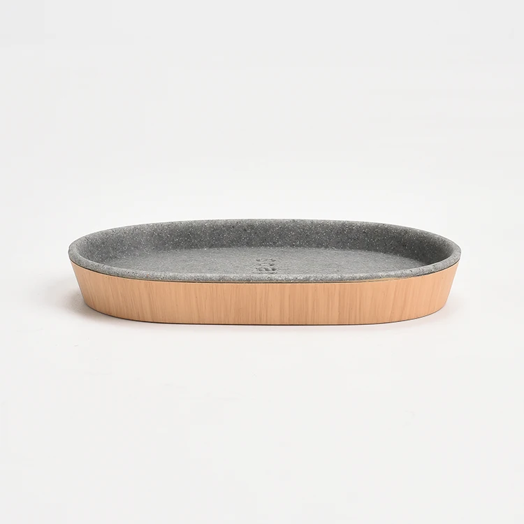 Oval Grey Concrete Effect and Hand-painted Wood Grain Resin Soap Dish