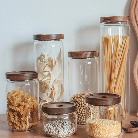 Kitchen Accessories Mason Spice Jar Food grade Borosilicate Glass Storage Jars With Airtight Acacia Wooden Lids