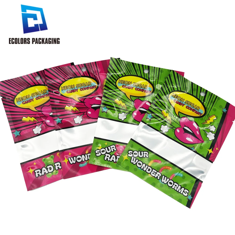 wholesale low moq recyclable custom printed heat sealing sugar sweet candy plastic bag 3 side seal flat pouches with window