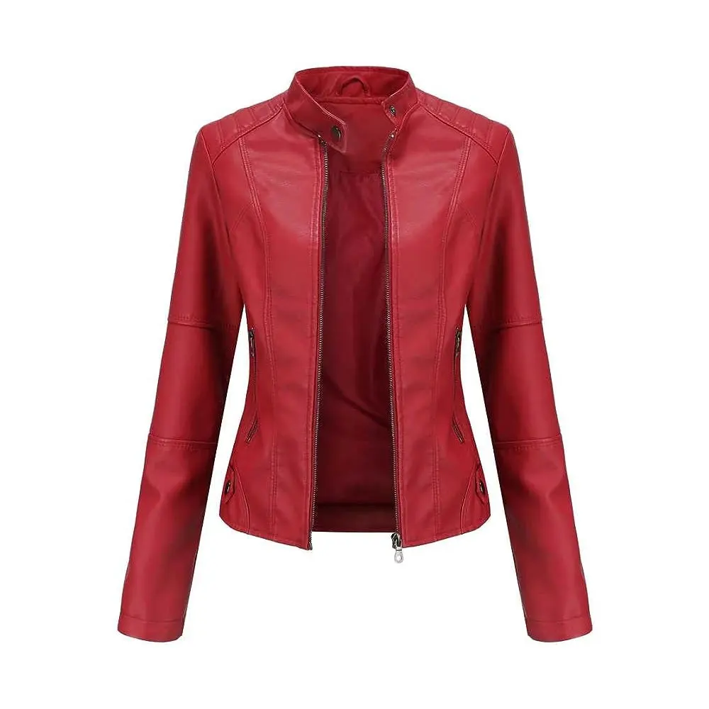 Red Women Leather Jacket  Long Jackets Custom Wholesale Fashion Women Coats Motorcycle Cropped Ladies Leather Jacket Coat