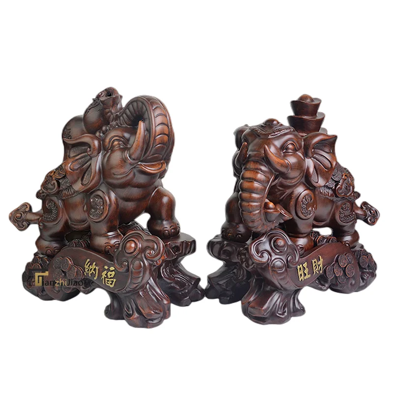Customized Resin Crafts Elephant Statues Ornaments Lucky Feng Shui Gift Decoration Imitative Wood Elephant Sculpture