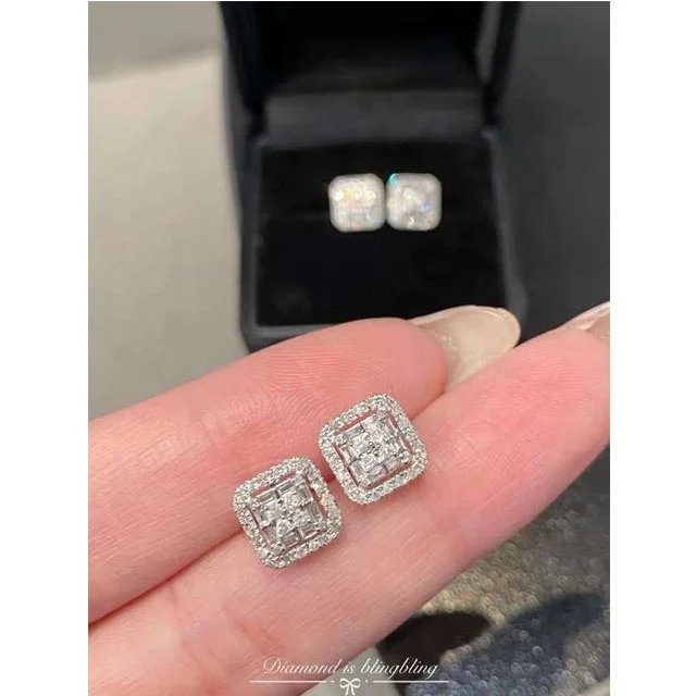 Xinfly Real 18K Gold 0.50CT Square Baguettes Rounds Natural Diamond Stud Earrings