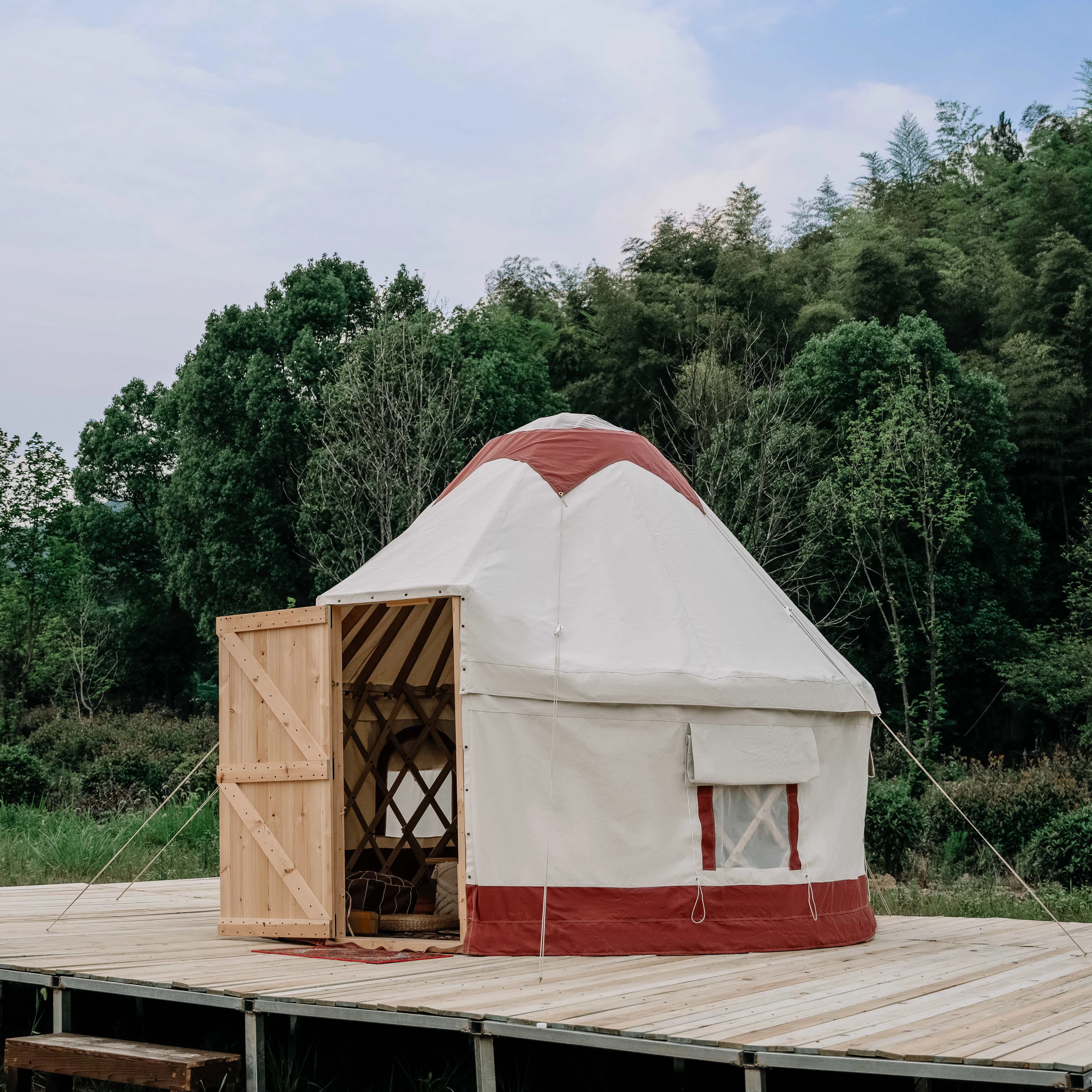 Wood circular tent poly cotton canvas glamping tent yurt tent  outdoor camping mongolian yurts luxury