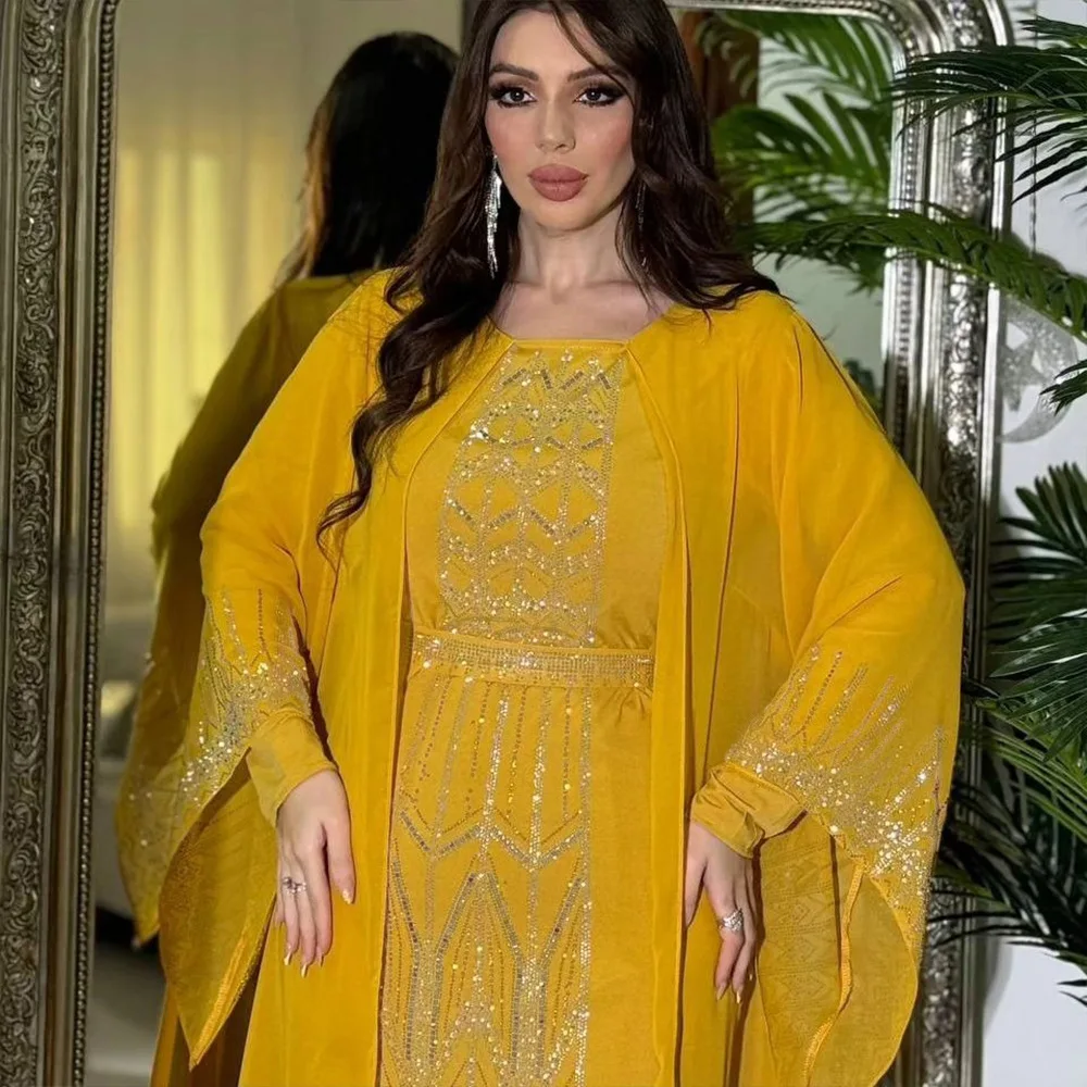 Saudi Arabia Muslim Diamond Luxury Caftan Turkey Abaya Boubou Chiffon Abaya with Belt Morocco Women Afghan Party Wedding Dress