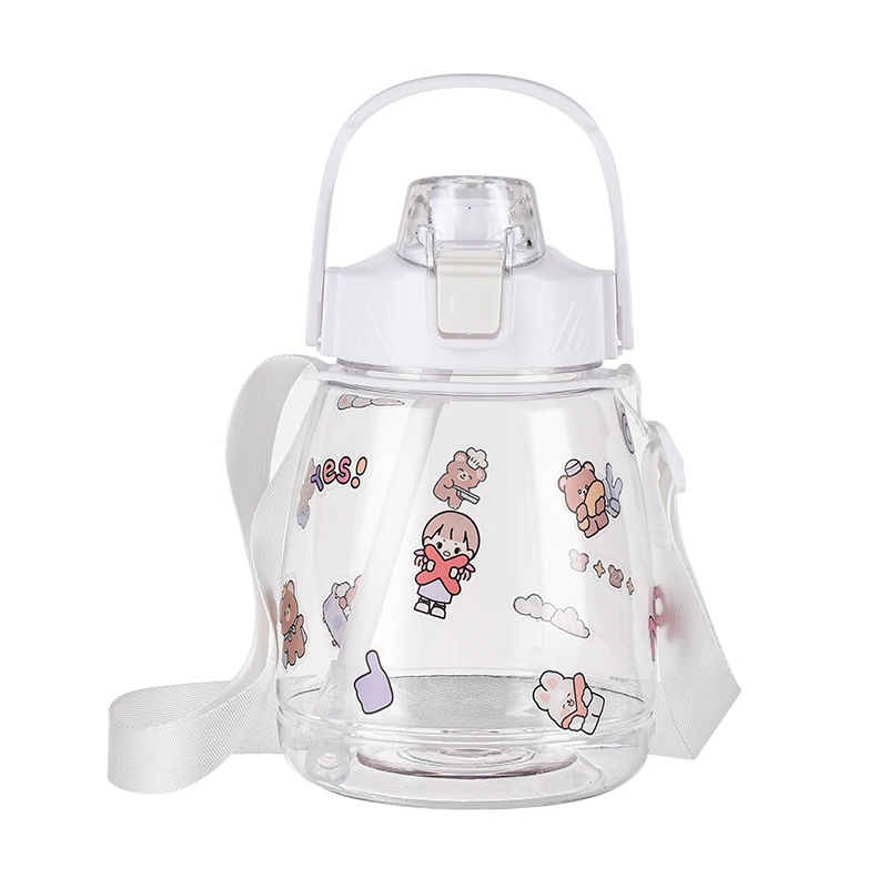 1300ml portable and cute plastic large belly water bottle with straw,the handle can be used as a phone holder