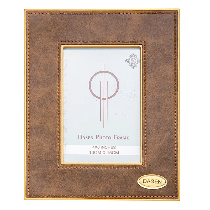 Photo frame custom brown leather model brass photo frame  luxury bedroom 7 inch gold photo stand accept logo print