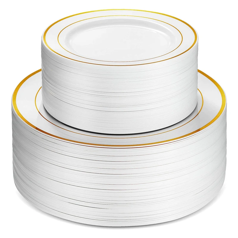 Набор салатов BST 10,25 дюйма для ужина и 7,5 дюйма, с золотой отделкой, настоящие китайские дизайнерские одноразовые пластиковые тарелки для вечеринки и свадьбы