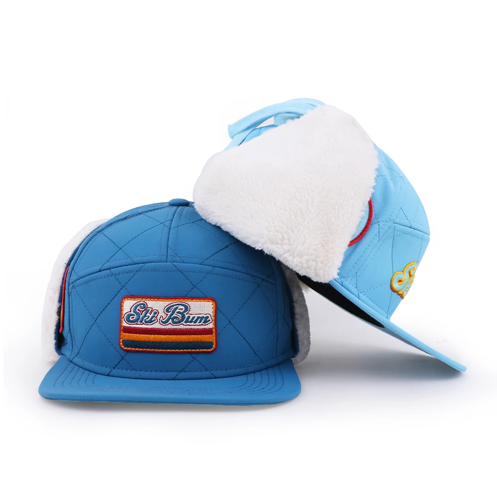 Qianzun custom flat brim hat quilted ear flap 7 panel snapback cap