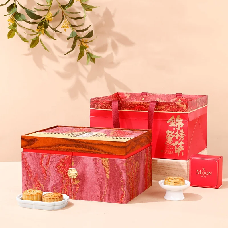 In Stock Luxury Chinese Style Open Door Gift Box Custom 6 12 Pack Mooncake Box Gift Packaging With Handle