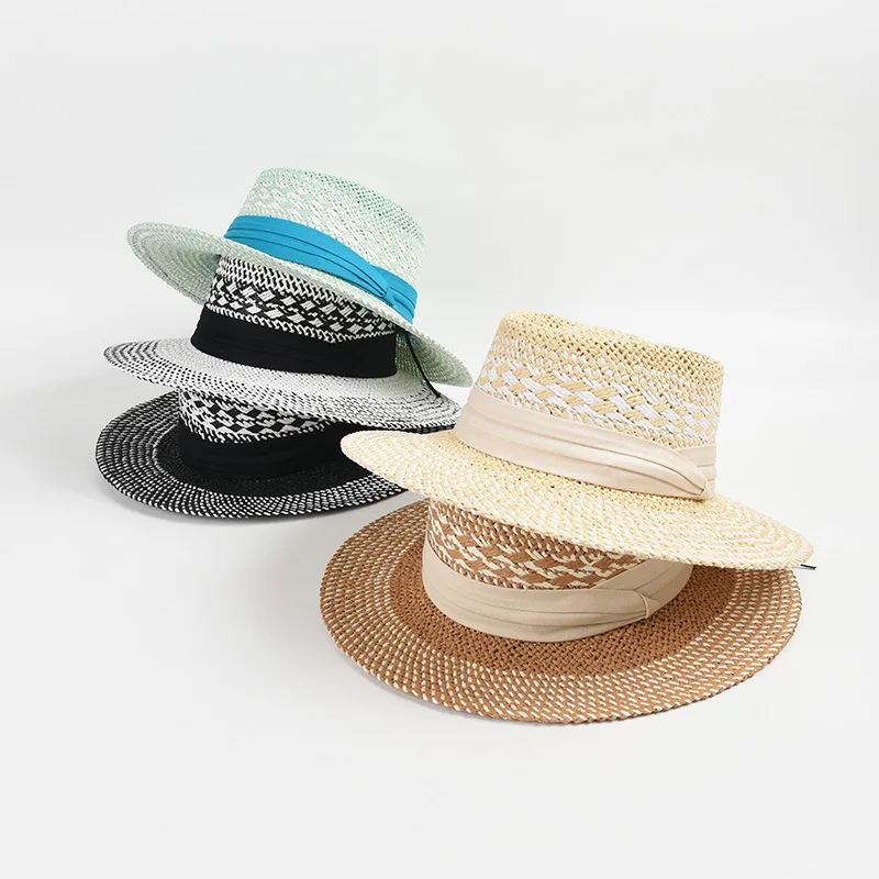 Vintage Womens Straw Boater Skimmer Hat Travel Wide Brim Sun Cap Variegated Summer Straw Beach Sun Hat