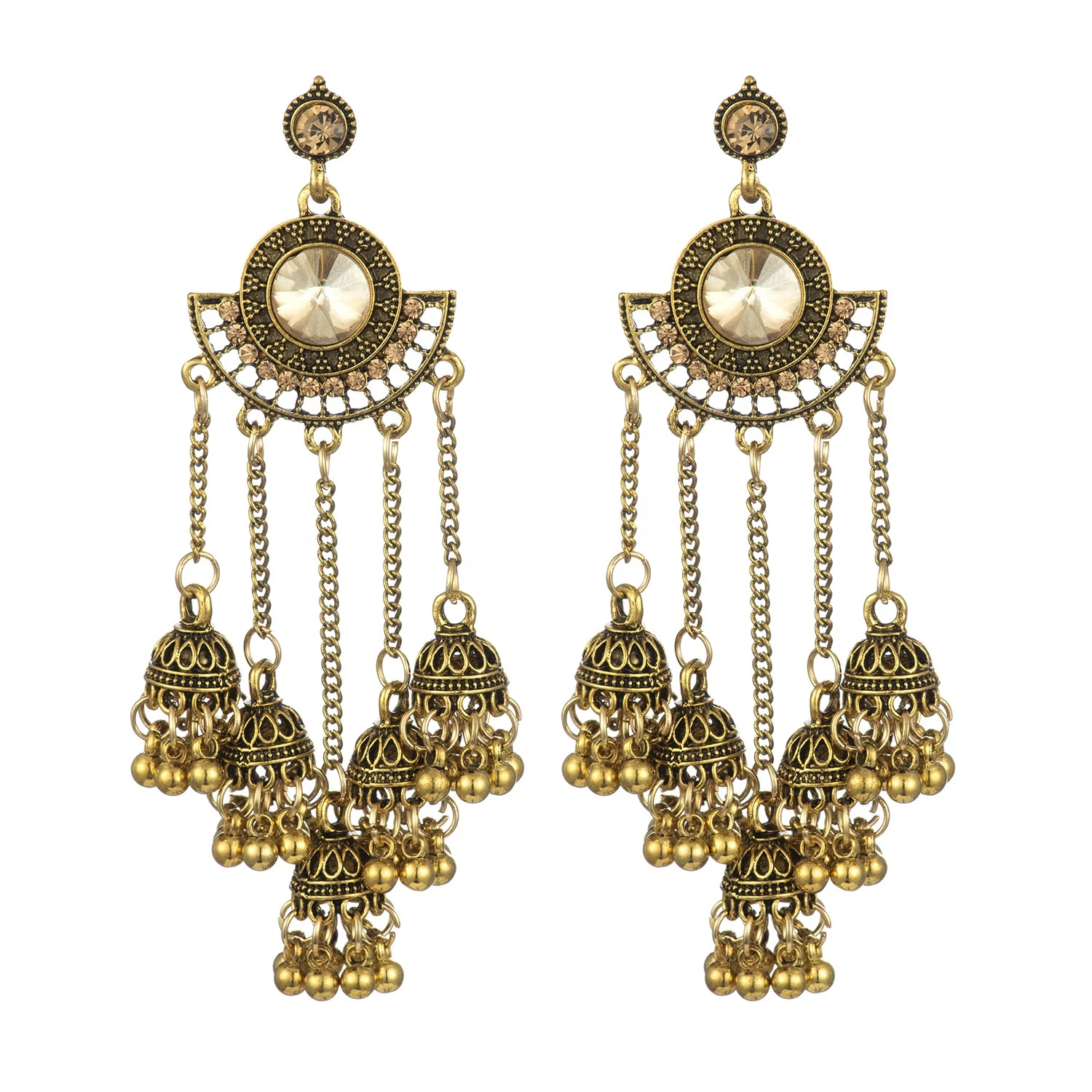Indian Jhumka Earrings Ethnic Vintage Alloy Inlaid Rhinestone Crystal  Beads Tassel Long Earrings For Women Boho Gypsy Jewelry
