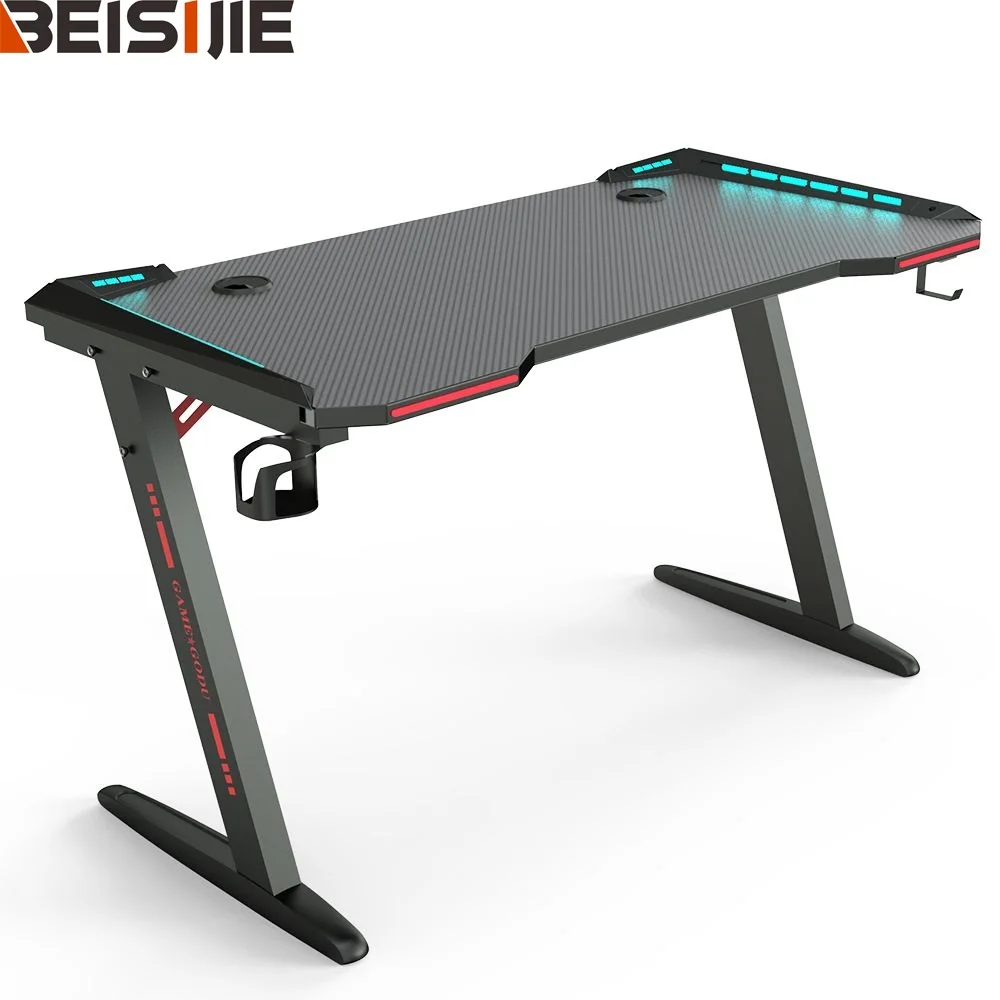 Beisijie Durable Gaming Desk with RGB LED Lights Large Z-Shaped PC Computer Game Desk Table for Gamer