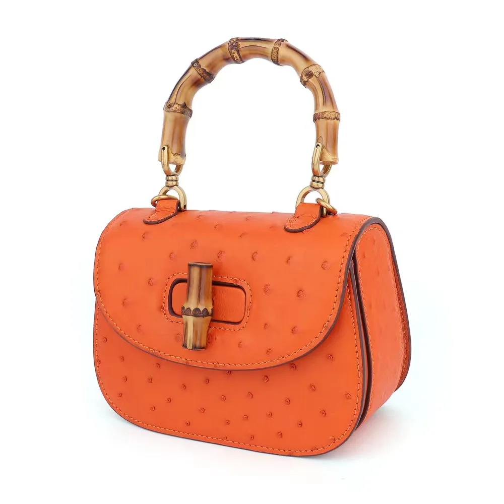 Top Quality Material Ostrich Skin Bag Special Design Bamboo Handle Handbag luxury handbags for women leather