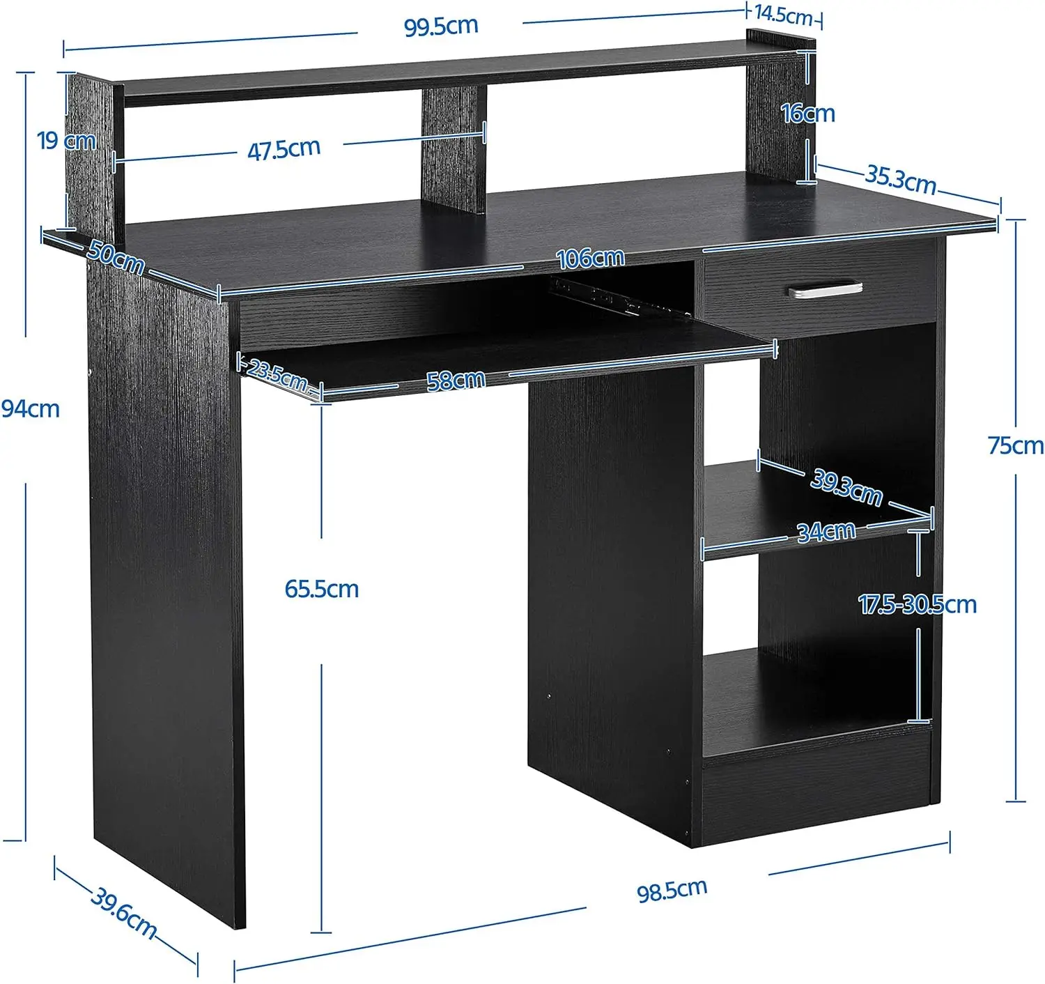 Black Computer Desk with Drawers Storage Shelf Keyboard Tray - Home Office Laptop Desktop Table for Small Spaces